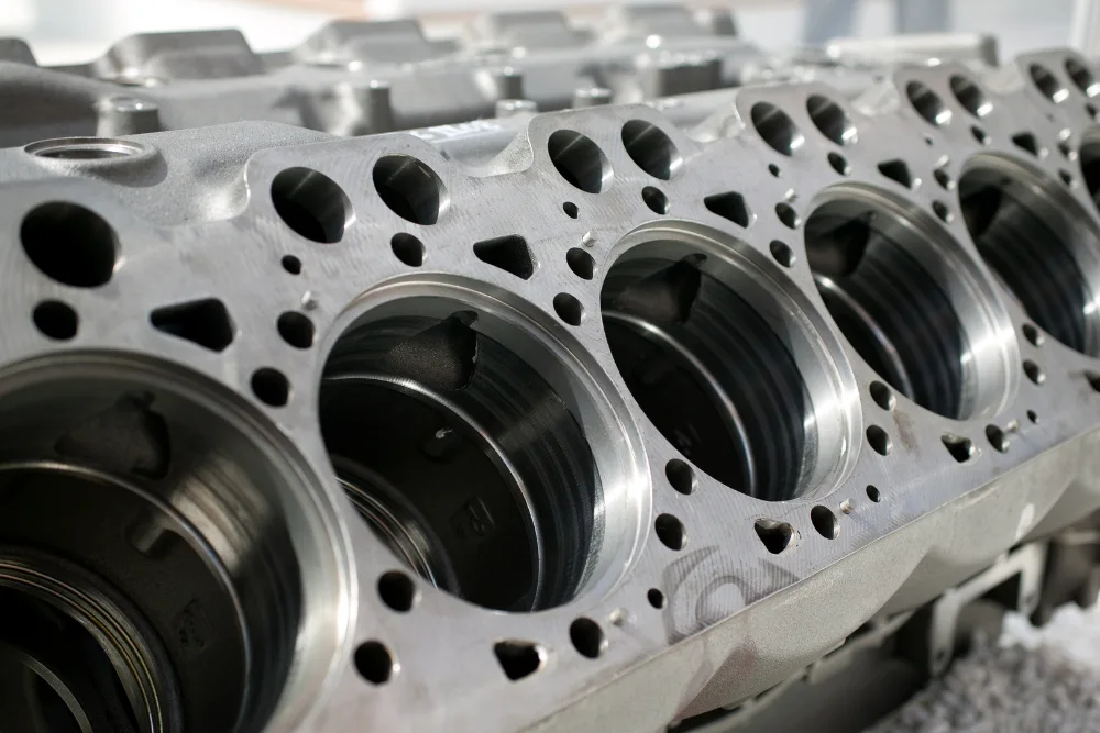 closeup of a metal engine cylinder block with multiple cylindrical bores and machined surfaces